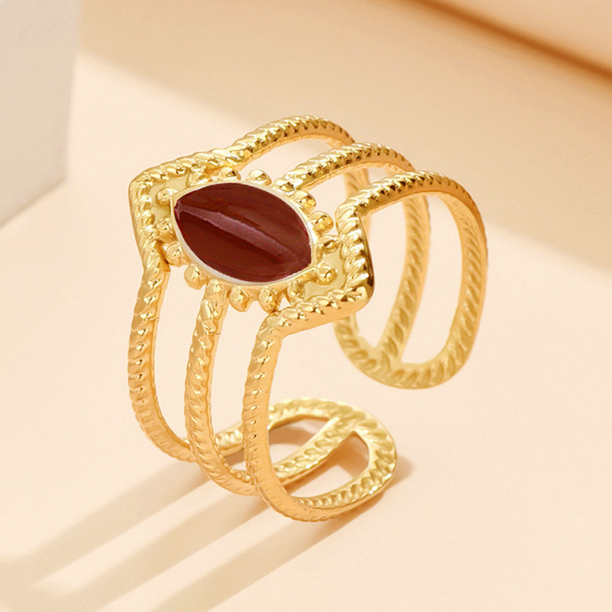 Retro Geometric Rhombus Drop Oil Enamel Open Stainless Steel Adjustable Ring