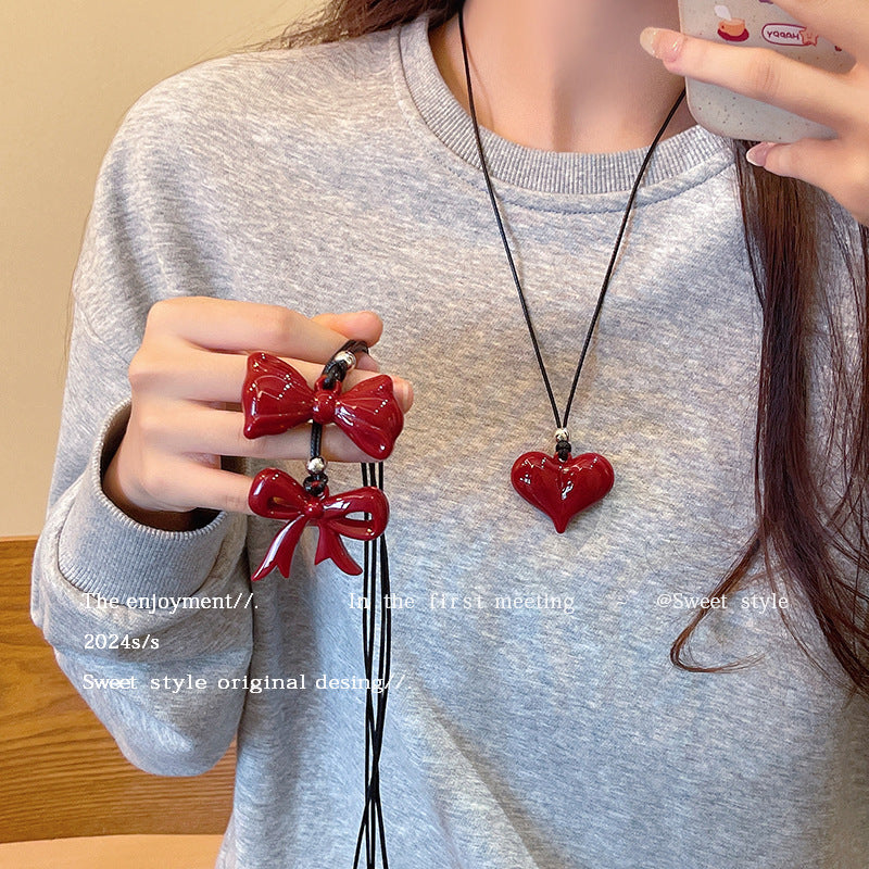 Women's Red Bow Love Minimalist Sweater Chain Necklaces