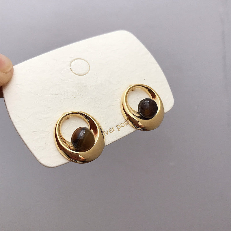 Tigereye Sier Needle Double Ball Texture Earrings