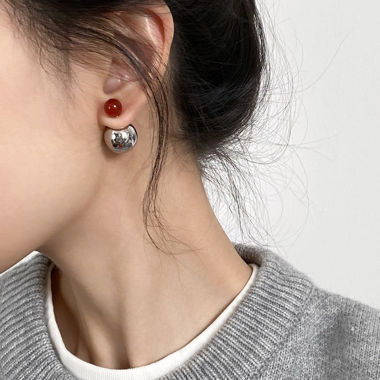 Tigereye Sier Needle Double Ball Texture Earrings