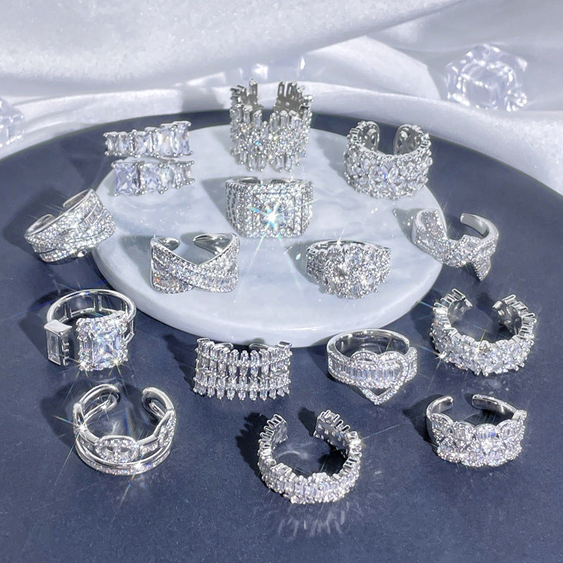 Full Diamond Open-end Zircon Female High Sense Niche Personality Rings