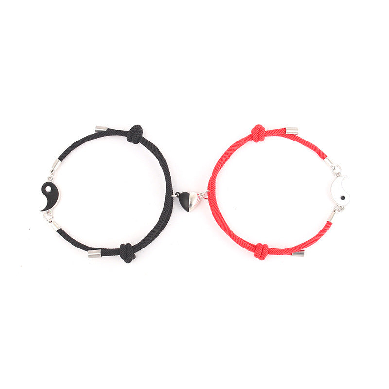 Women's & Men's Rope Black White Magnet Tai Couple Pair Bracelets
