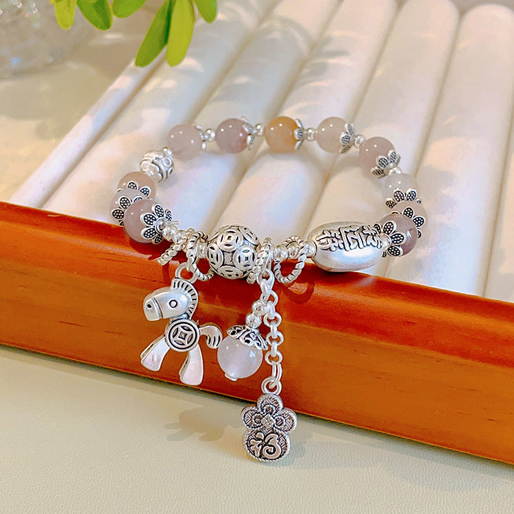 Women's Gray Agate Crystal Tassel Retro Tibetan Sier Longevity Lock Bracelets