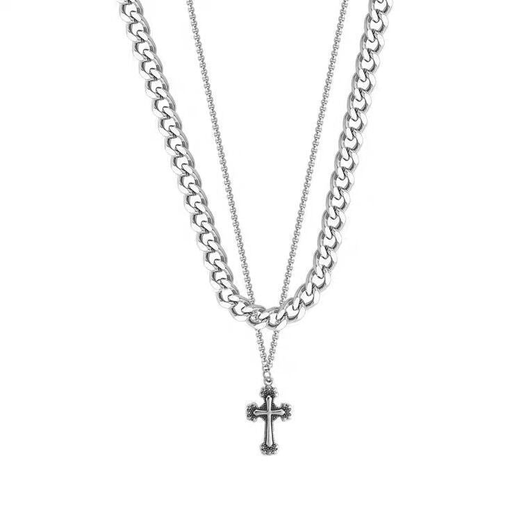 Men's Cross Design Double Layer Twin Cuban Necklace