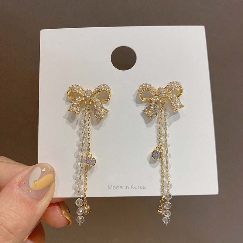 Tassel High-grade Sier Needle Metal Light Luxury Pearl Earrings