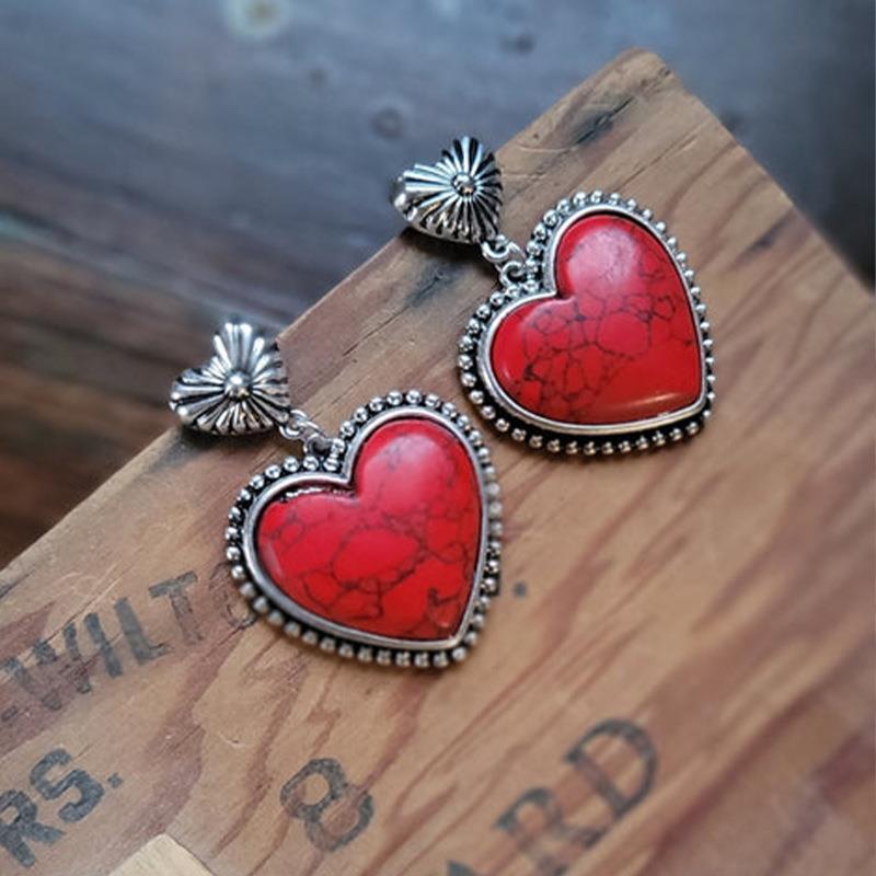 Style Peach Heart Red Turquoise Vintage Heart-shaped Valentine's Earrings