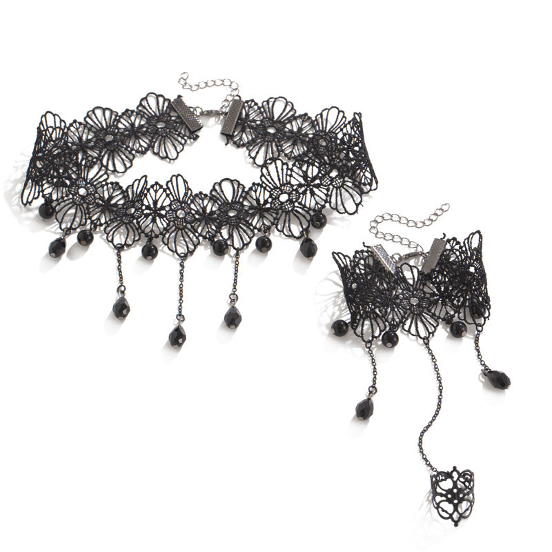 Cool Black Lace Neckband Gothic Style Dark Crystal Collar