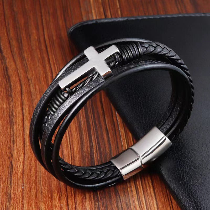 Men's Stainless Steel Leather Titanium Cross Bracelets