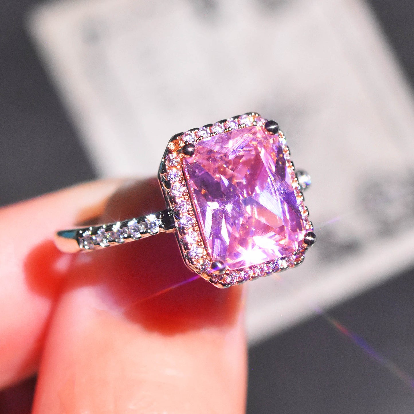 Women's Two-tone Classic Princess Square Pink Crystal Rings