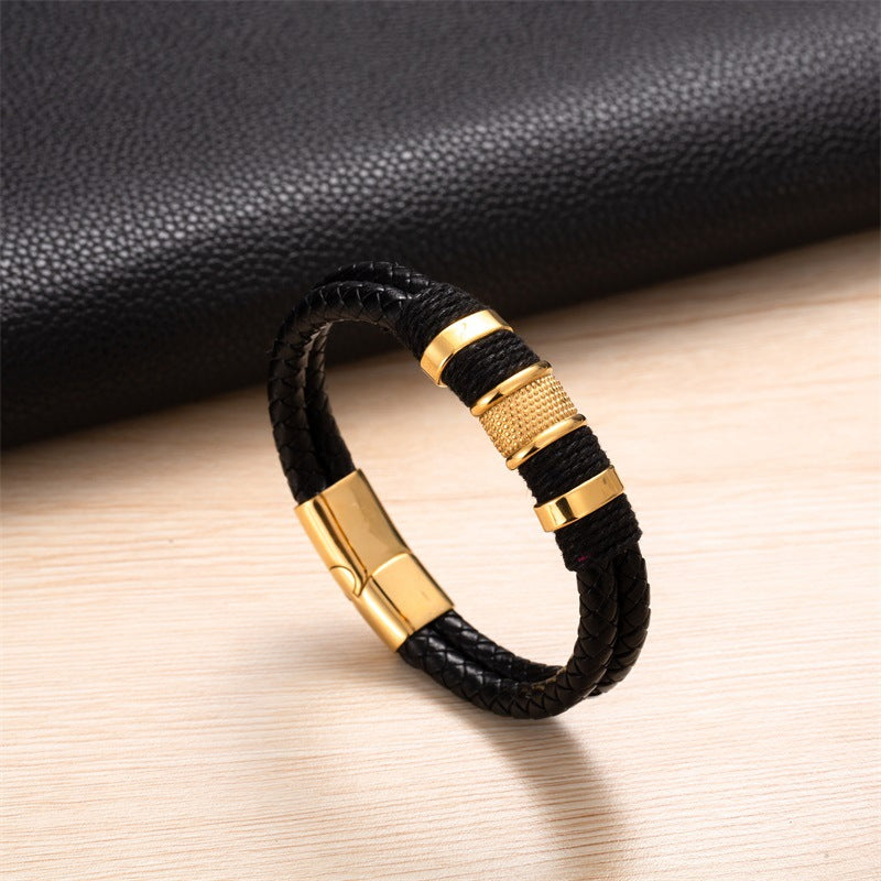 Men's Vintage Leather Rope Woven Stainless Steel Bracelets