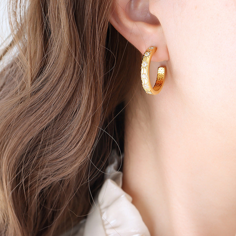 Inlaid Zircon Shaped Titanium Steel Gold Does Earrings