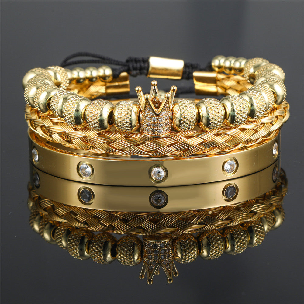 Men's Zircon Double Leopard Head Black Agate Bracelets