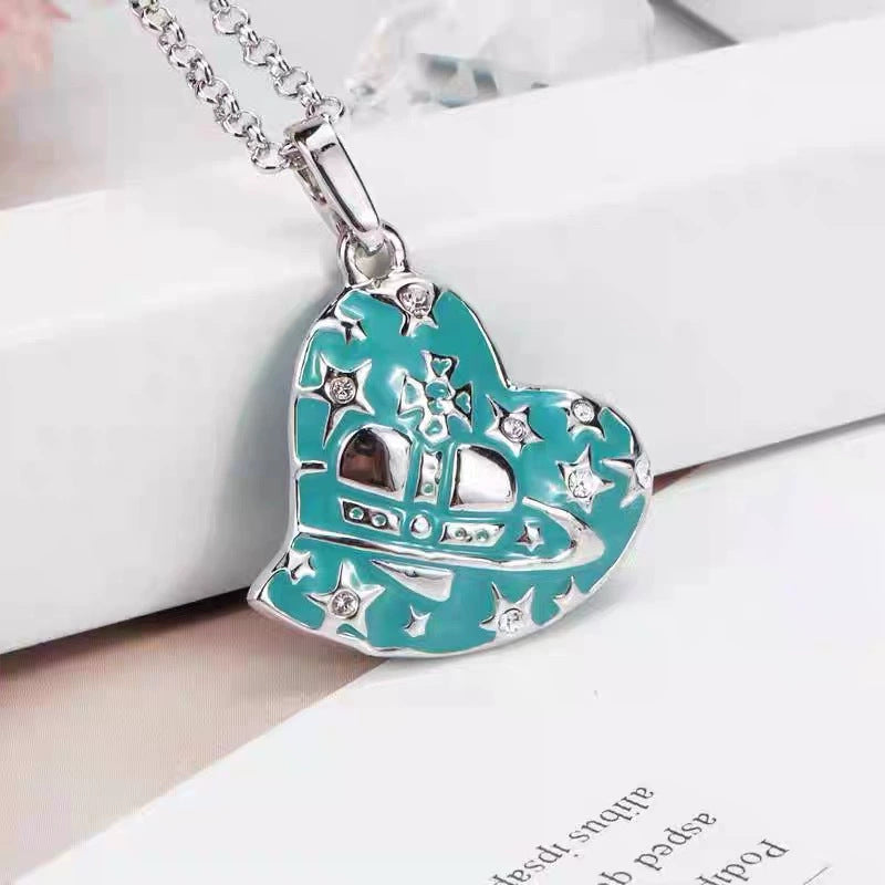 Heart Double-sided Rhinestone Paint Red Black Blue Necklaces