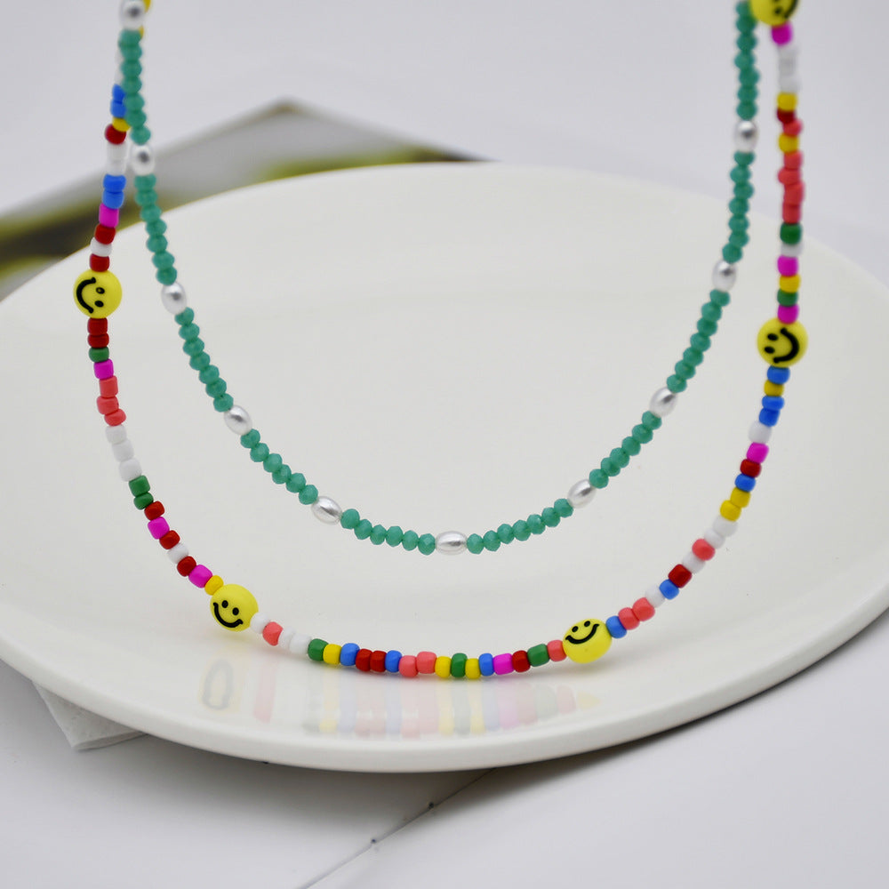 Crystal Clavicle Chain Smiling Face Bead Twin Color Necklaces