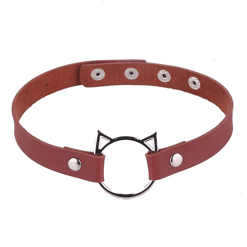 Women's Punk Leather Cat Face Necklet Neckband Short Cute Necklaces