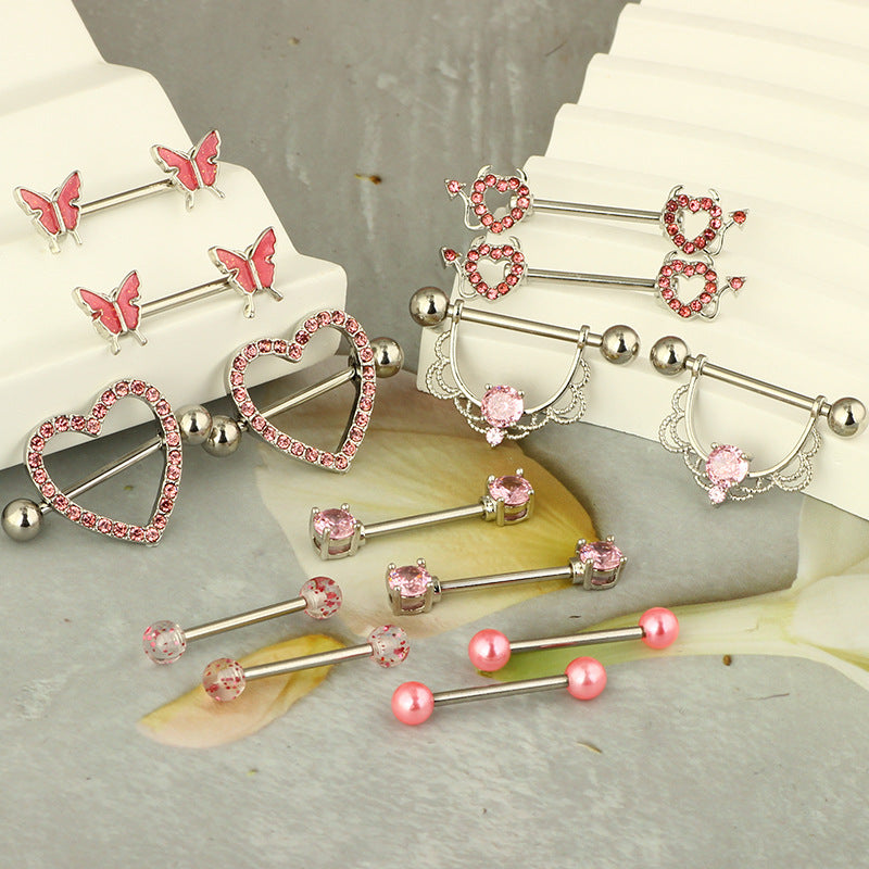 Steel Pink Series Zircon Nipple Love Moon Adhesive Earrings
