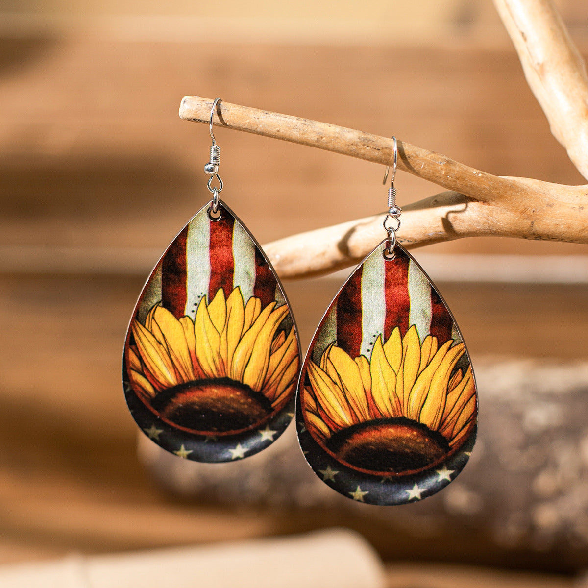 Sense Niche Sunflower Water Drops Wooden Earrings