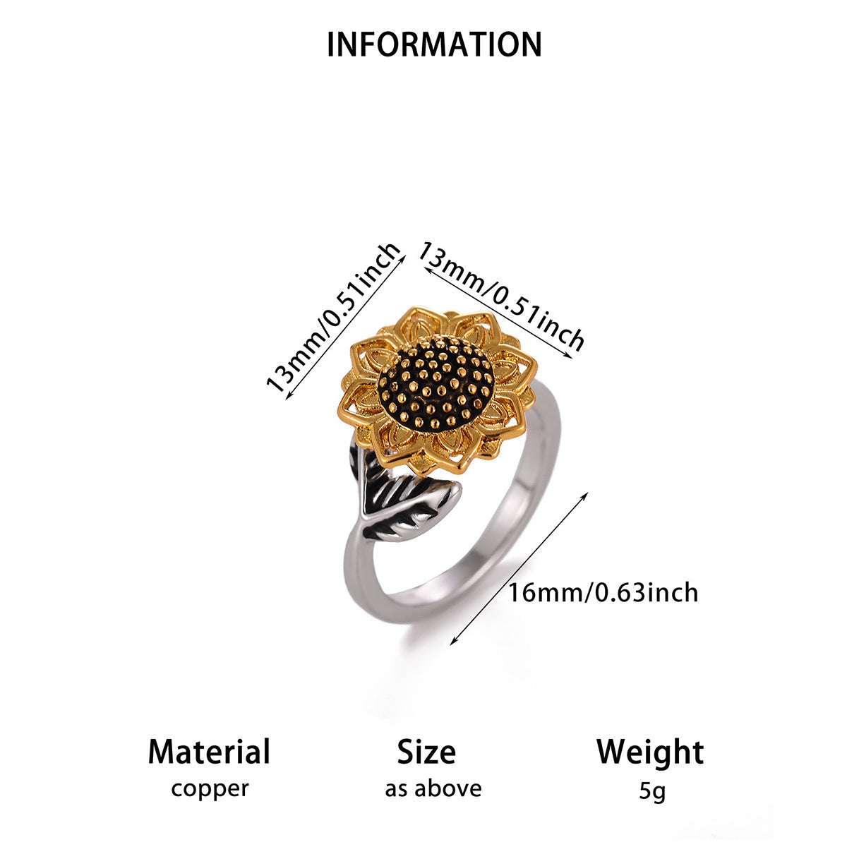 Women's Simple Rotatable Sunflower Decompression Open Rings