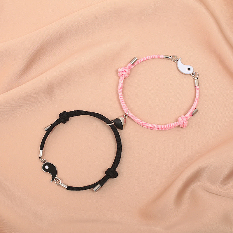 Women's & Men's Rope Black White Magnet Tai Couple Pair Bracelets