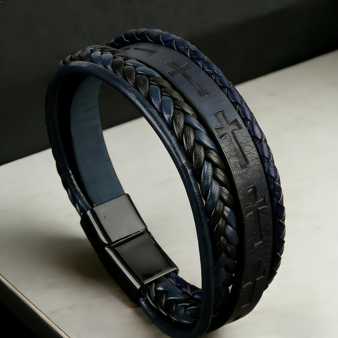 Men's Woven Leather Cross Magnetic Snap Trendy Cool Bracelets