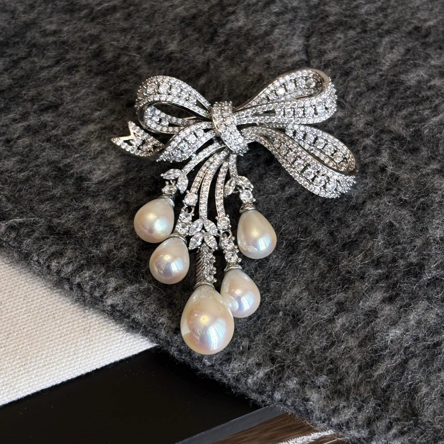 French Entry Lux Full Diamond Bow Tassel Brooch Refined Brooches