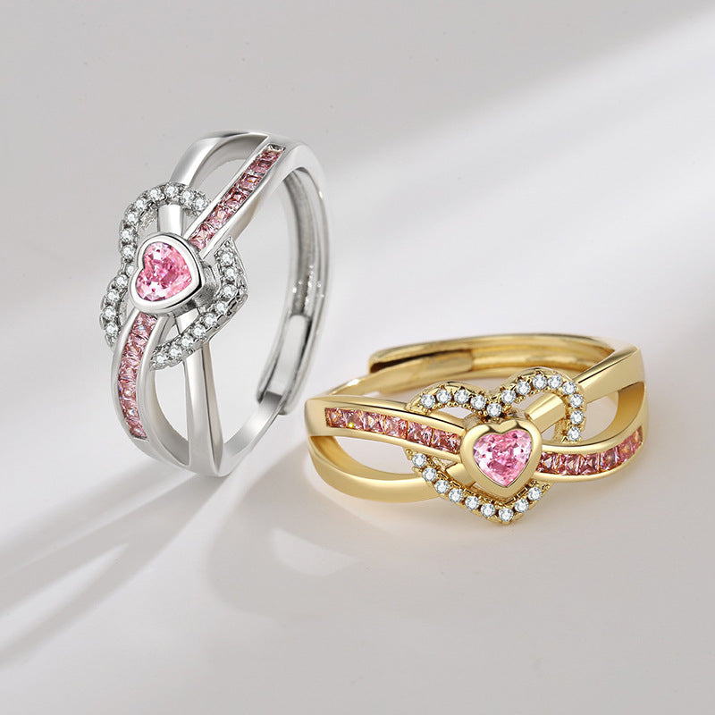 Women's Pink Loving Heart Zircon Female Fashion Simple High Rings