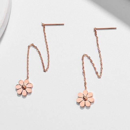 Steel Little Daisy Flower Tassel Hanging Rose Gold Earrings