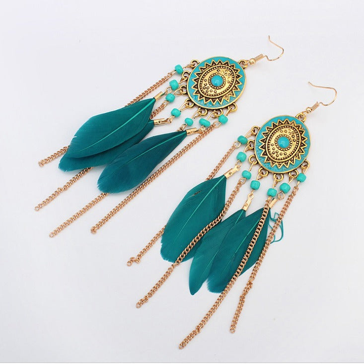 Bead Feather Chain Tassel Long Bohemian Earrings