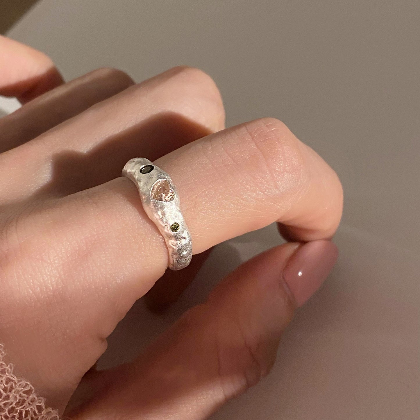 Sier Irregular Texture Pink Love Heart-shaped Rings
