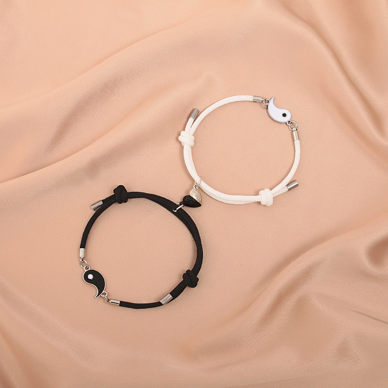 Women's & Men's Rope Black White Magnet Tai Couple Pair Bracelets