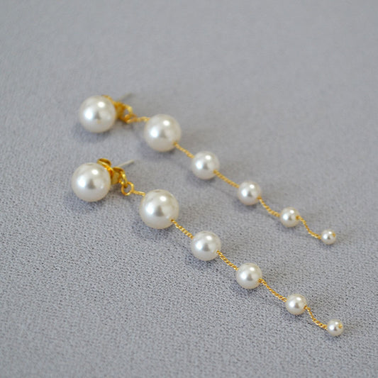Women's Gradient Large Small Pearls Tassel Sier Earrings