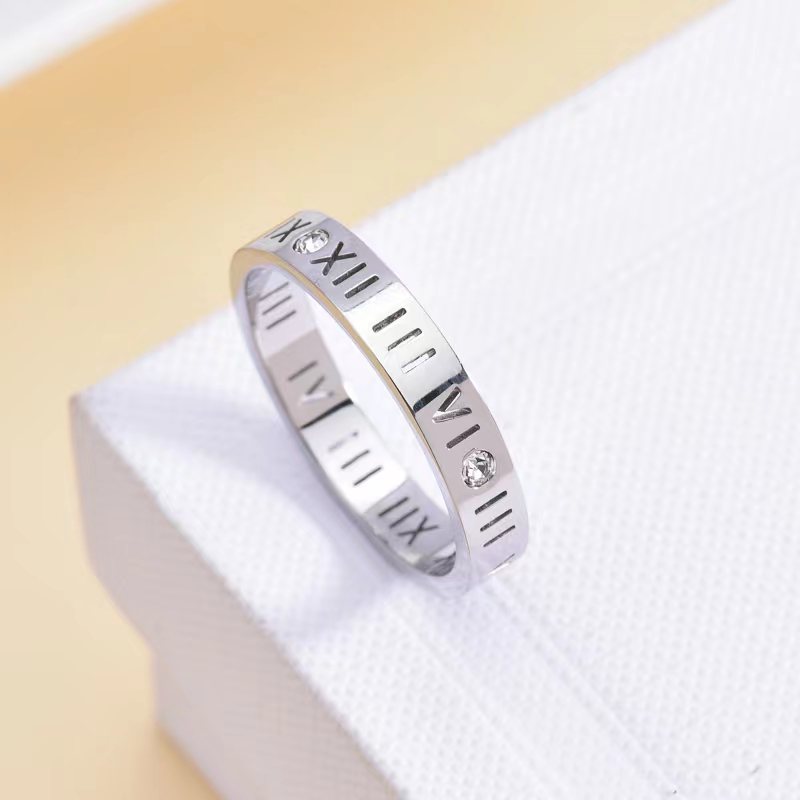 Women's & Men's Titanium Steel Diamonds With Roman Numbers Rings
