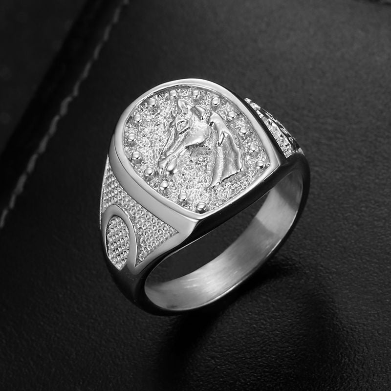 Men's Hip Hop Ear Stainless Steel Vacuum Gold Plated Horse Ring