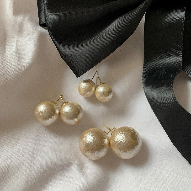 Sier Needle Retro French Cotton Pearl Big Ear Gentle Earrings