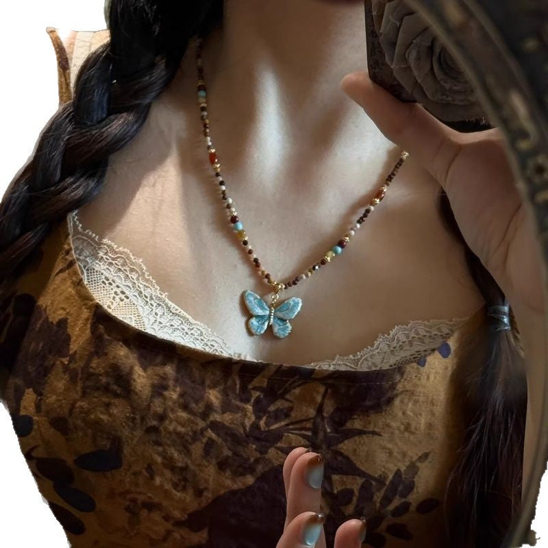 Retro Oil Dripping Butterfly Female Temperament High Sense Design Sweater Necklace
