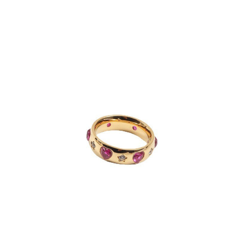 Circle Red Heart Zircon Titanium Steel Gold Ring