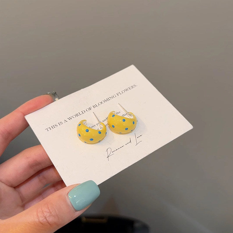 Custard Polka Dot Drop Oil Half Stud Earrings