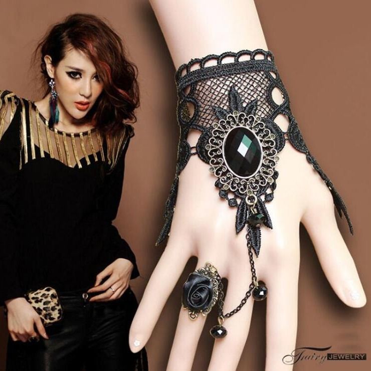 Punk Hand Jewelry Fashion Burgundy Flower Lace Bracelets