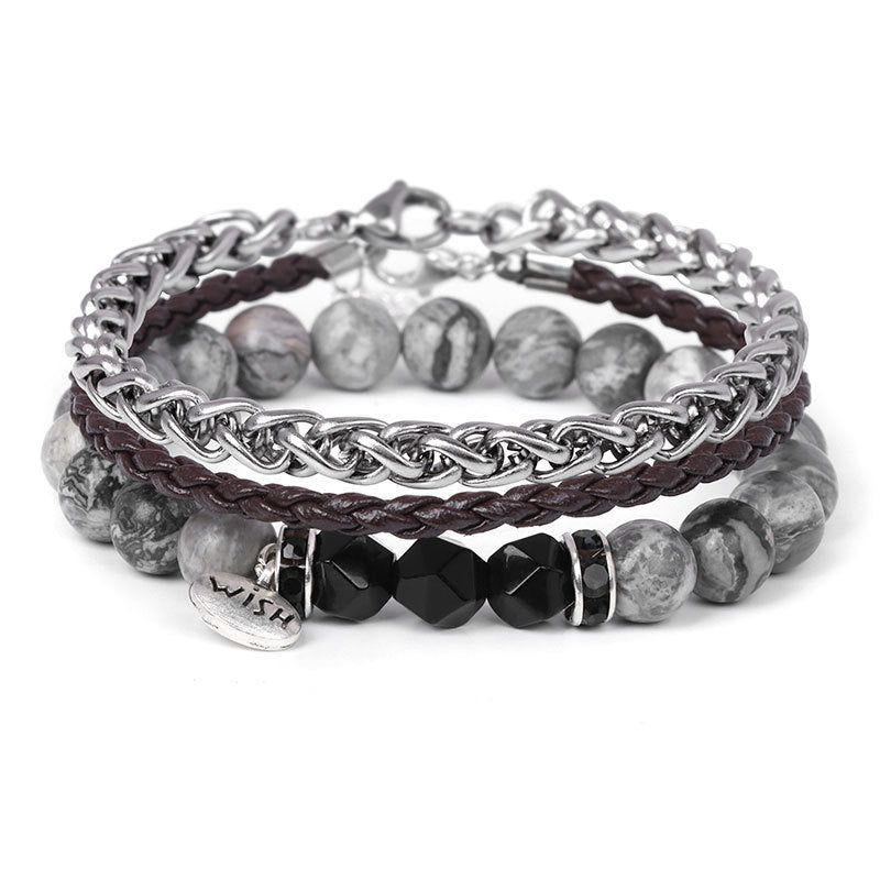 Men's Beads Hoop White Turquoise Leather Steel Bracelets