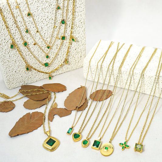 Women's Emerald Zircon Craft Vacuum Electroplating Design Necklaces