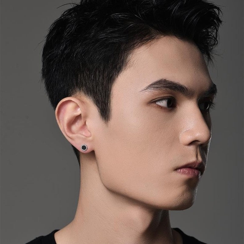 Men's Zircon Round Trendy Unique Pu Single Fashion Earrings