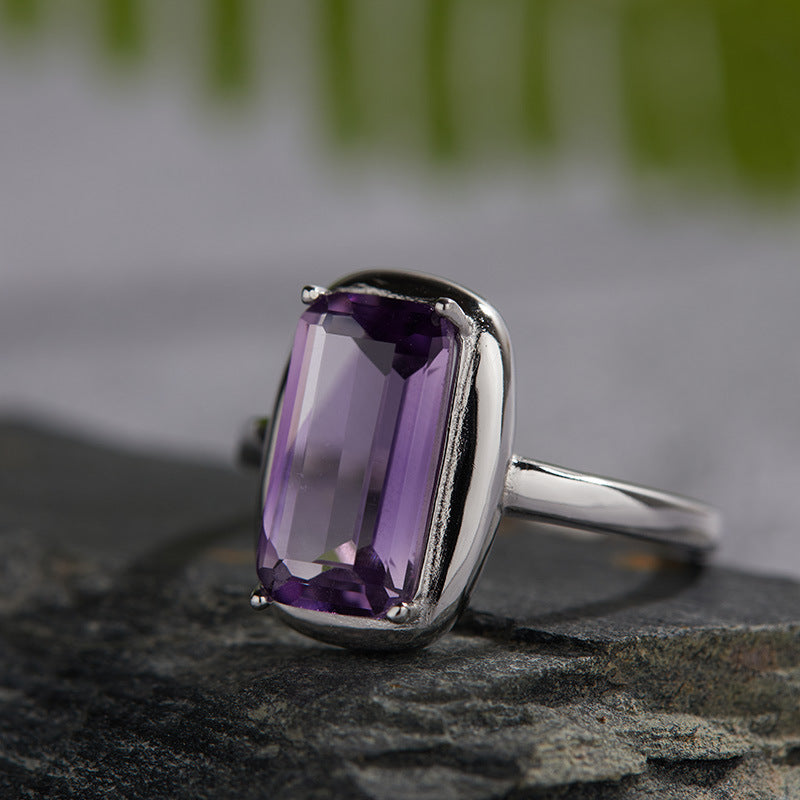 Temperamental Sterling Sier Inlaid Natural Amethyst Female Cube Rings