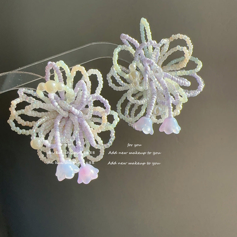 Women's Milk Taro Purple Cream Beaded Flower Exquisite Contrast Color Holiday Rings