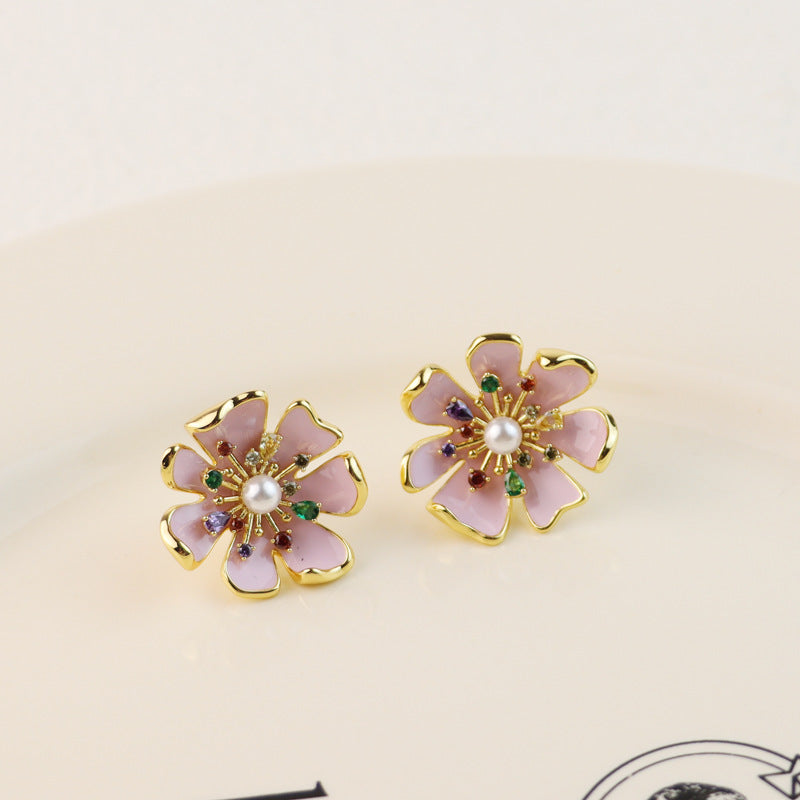 Pink Flowers Sier Needle Hand Painted Enamel Light Luxury Rings
