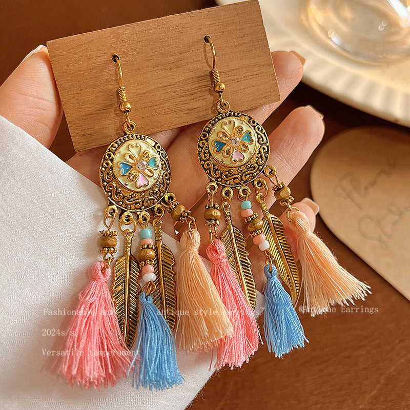 Women's Bohemian Style Long Feather Tassel Ethnic Earrings