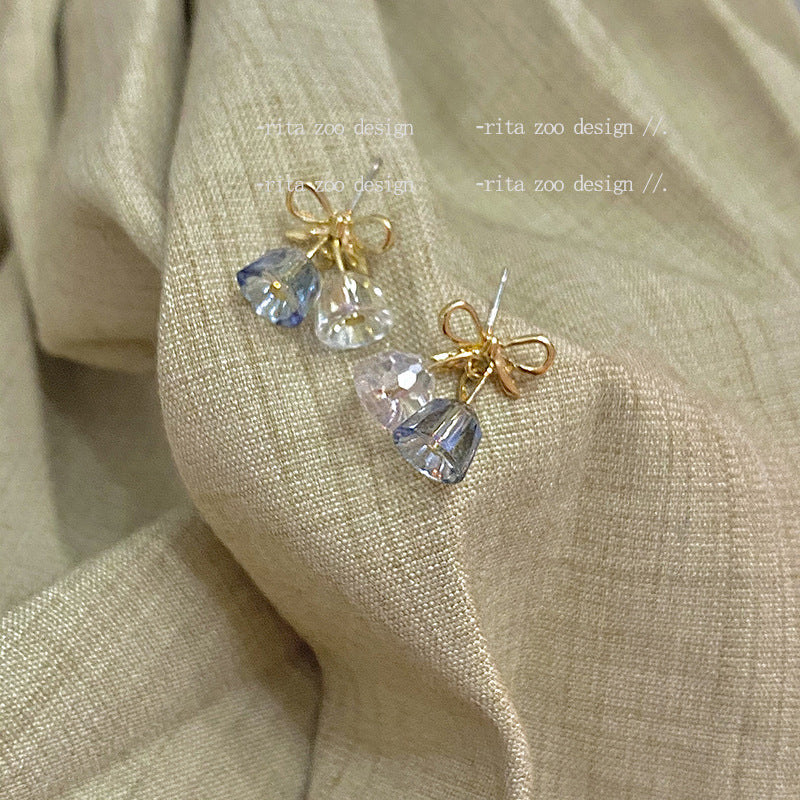 Crystal Christmas Exquisite High Sense Girlish Bow Bell Sier Earrings