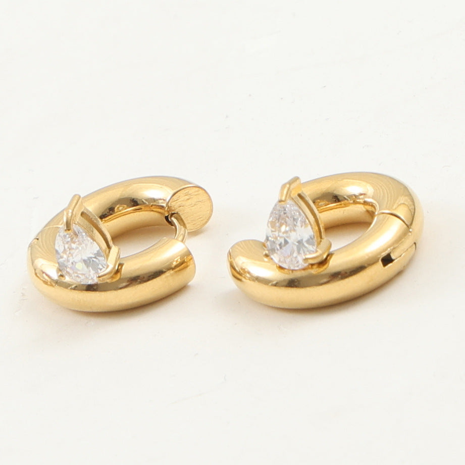 Thick Inlaid Zircon Titanium Steel Gold Stud Earrings