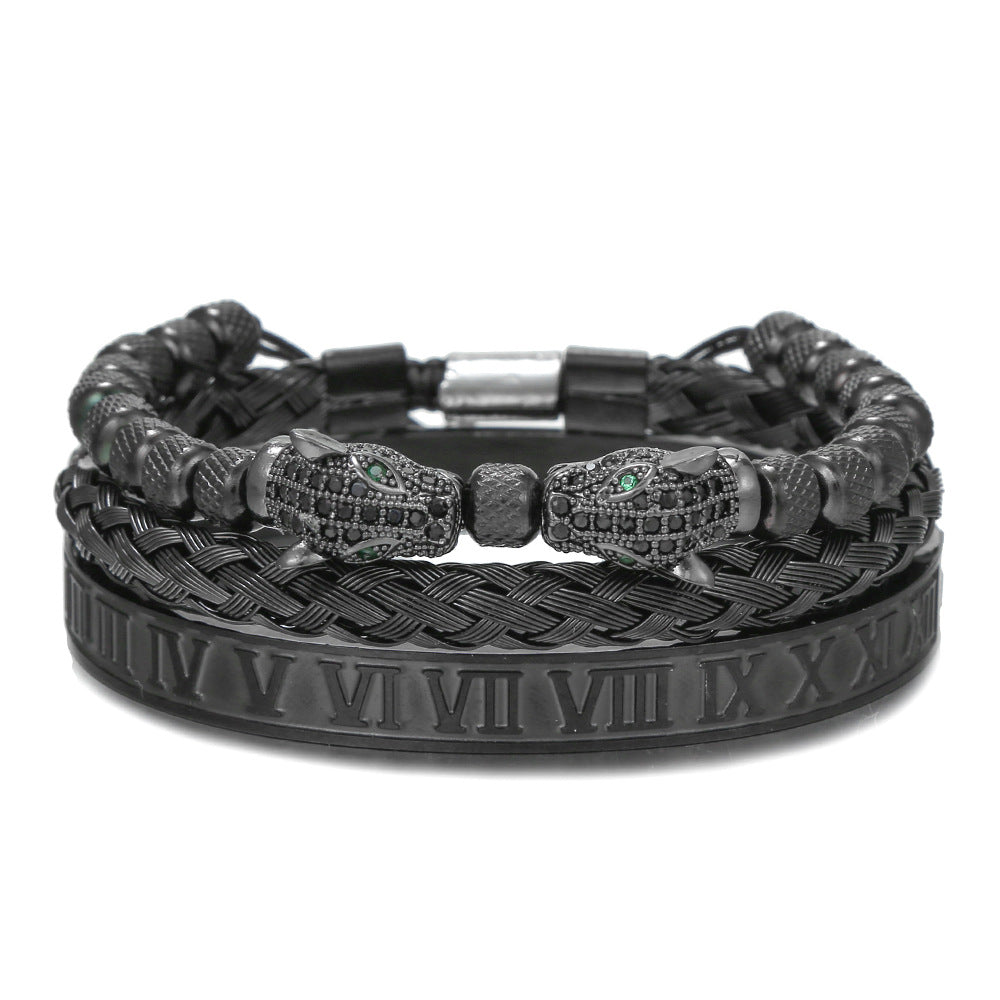 Men's Zircon Double Leopard Head Black Agate Bracelets