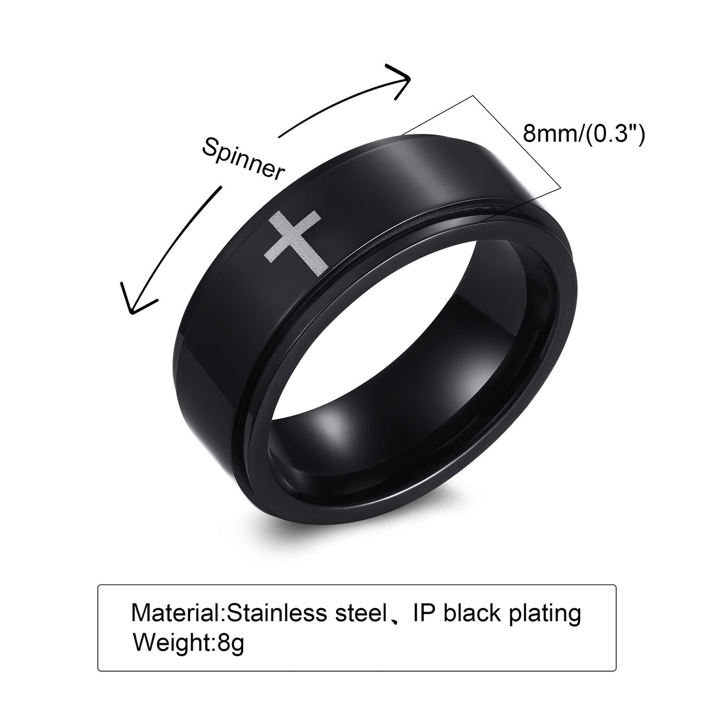Stainless Steel Laser Corrosion Cross Rotatable Spinning Black Man Rings