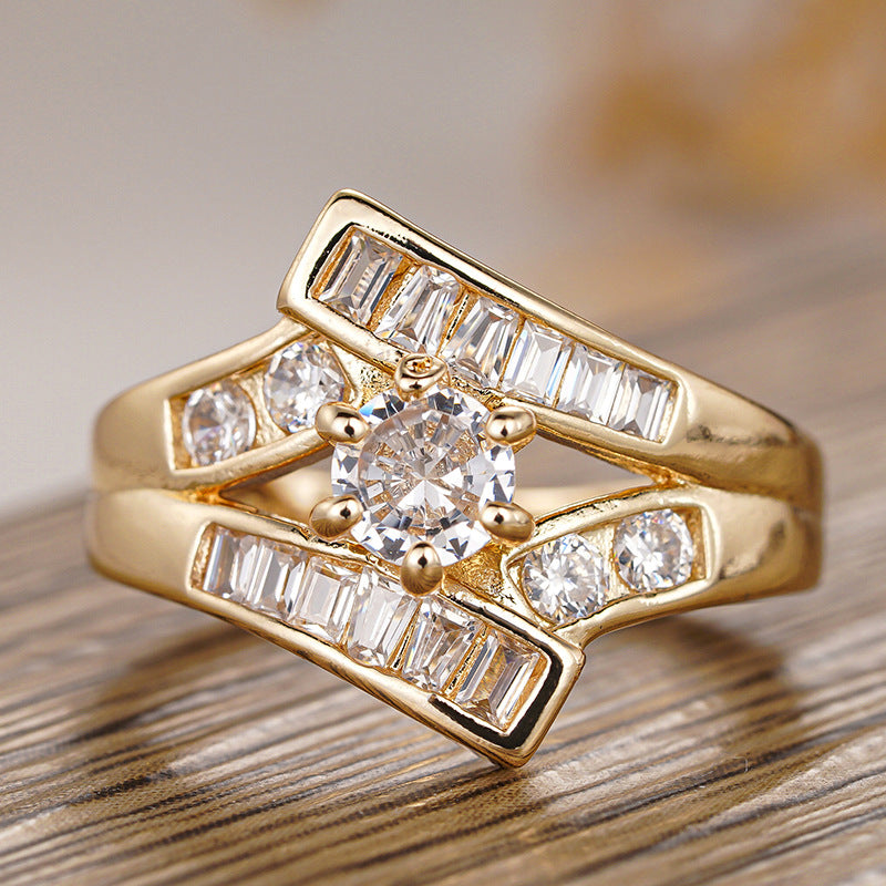 Shi Trendy Irregular Female Geometric Inlaid Round Zircon Live Ring